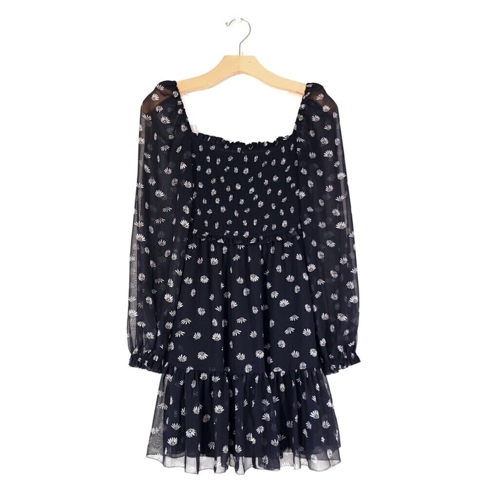 NEW Wilfred Laken Mini Dress Sheer Puff Sleeve Smocked in Black Daisy Floral XXS